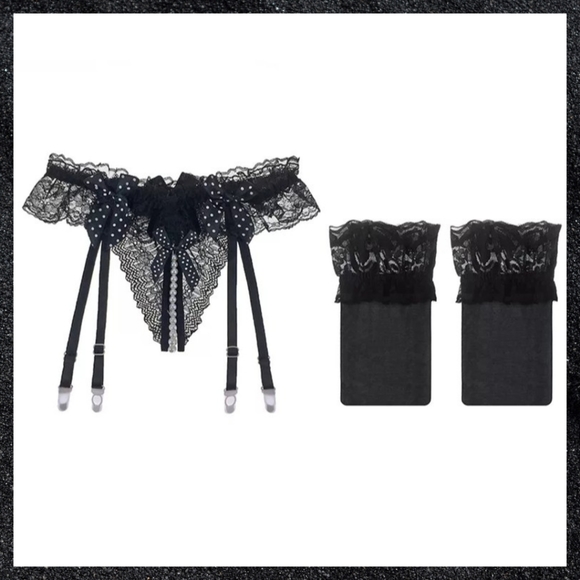 Dazed Fantasy Accessories Black Lace Pearl Bead Open Crotch Garter